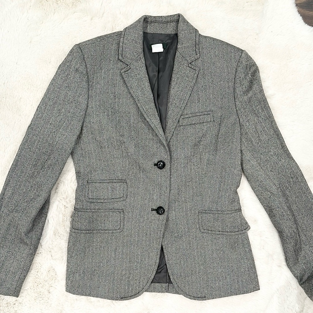 Vintage J.Crew Herringbone 100% Wool Blazer Black White size 6